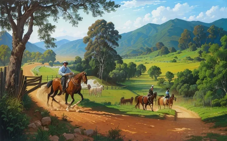   painting of a man riding a horse on a dirt road, por Herbert MacNair,  by Carlos Enríquez Gómez , by Roberto Parada,  by Manuel Ortiz de Zárate , by Rodolfo Amoedo, by Osvaldo Romberg ,  by Rodolfo Escalera , by Rodolfo Morales,  Oil on canvas  