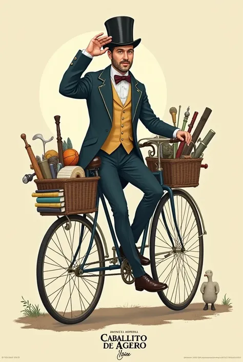  A simple image of an elegant man from the 19th century , wearing a hoodie and a high hat and a tail suit ,  riding a Penny Farthing-style bicycle with the front wheel very large and the back wheel very small ,  beautiful in which the character bought and ...