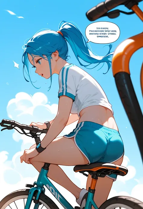 comic, speech bubble, frame, focus line, comic expression, sound effect, (1 girl), sitting on top of bicycle, dolphin shorts, blue hair, ponytail,