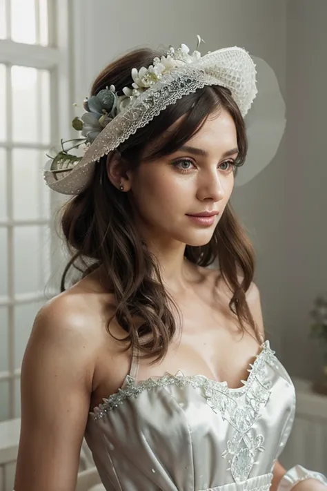 Hyperrealism, diamond watercolor, D&G style, pastel colors, royal beauty, very delicate, fabulously beautiful dress of light olive color, very lace, curls gathered in a bun, wide-brimmed hat with lace flowers, steel embroidery, light smile, smoky ice makeu...