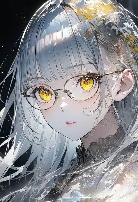   long hair, gray hair, masterpiece, top quality, very beautiful, Absurd, with bangs, glasses, yellow eyes,Yellow Eyes, Glasses、 Beautiful Delicate Female Double Exposure  (The face is clear and perfect)image，背景は super detailedな東京の街で、, beautiful,  complica...