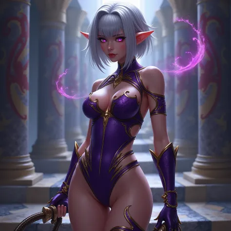 creates a girl dressed as Ivy, a character from the Namco Soul Calibur video game, the dark purple and gold color are a color scheme in her outfit, dressed as in the video game, very revealing and sexy, huge chest stuffed into Ivys suit, tremendously sexy ...