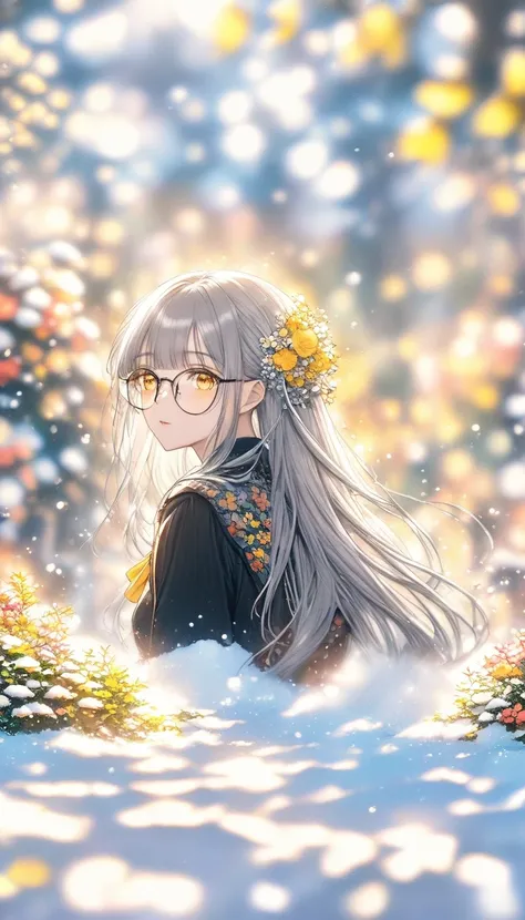 long hair, gray hair, masterpiece, top quality, very beautiful, Absurd, with bangs, glasses, yellow eyes,Yellow Eyes, Glasses、(Harry Clarke (Harry Clarkee)  style :0.5),(圣地亚哥·卡鲁索 style :0.7),
 1 girl,
BREAK Flower Background,(Floral foreground:1.6),(  Back...