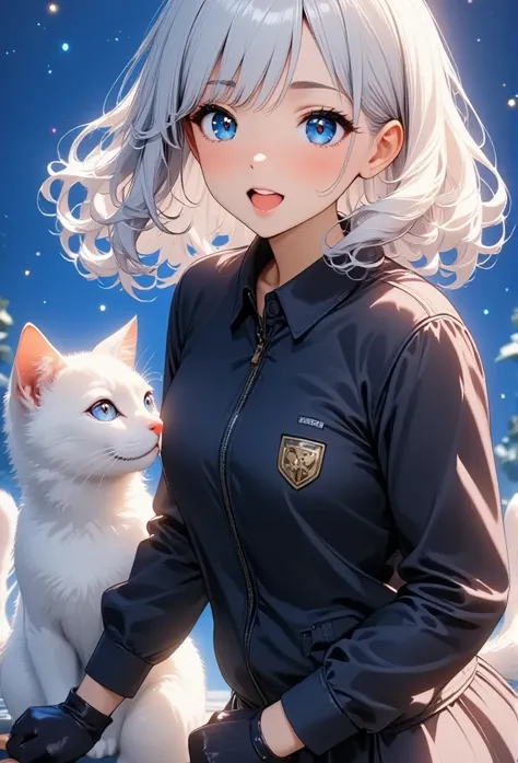 １    girl , Anime cat   girl ,    Her eyes are big   、     I Was Curious   ,     She looked excited and happy when she saw me  , beautiful cat eyes    , (((  Pure White Wavy Hair  ))),     blue eyes , good picture,  anime 2D , 2D,  beautiful hands, Good mo...