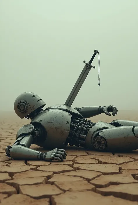 Make a picture of dead robot with sword stabbed on his chest 