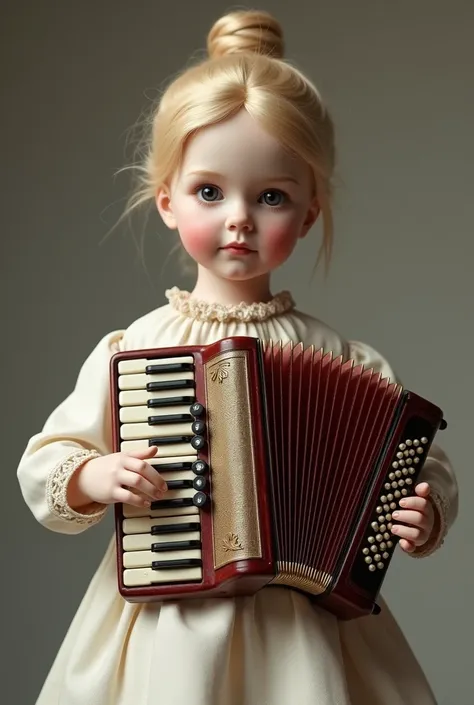 Realistic little doll holding Garmon Musical Instrument in her hands 