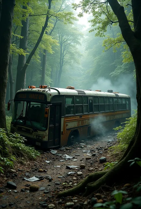  Make an ultra realistic image of a bus accident, The bus crashed and rolled over in the woods  