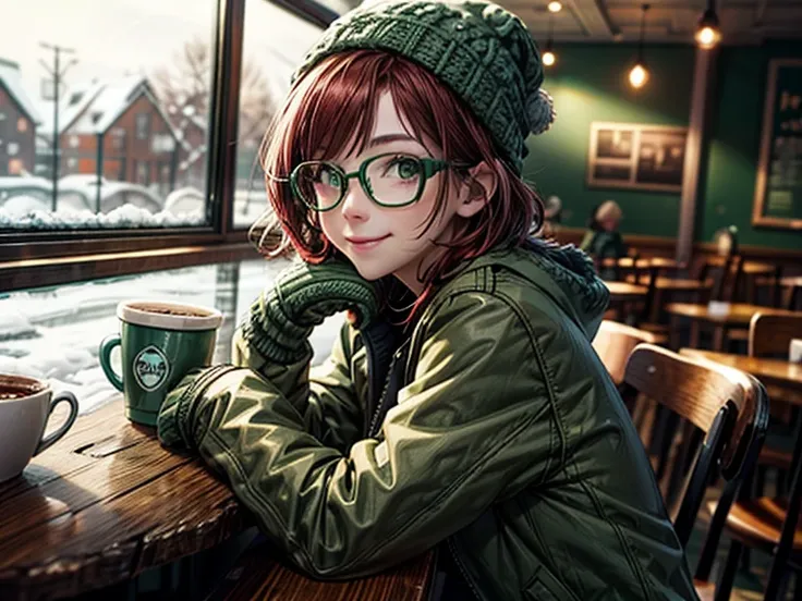 Short,  red hair ,  green eyes ,  metal-framed glasses, knitted green hat , green jacket, green mittens,  smiling sits at a table in a cafe against the background of a snowy window.