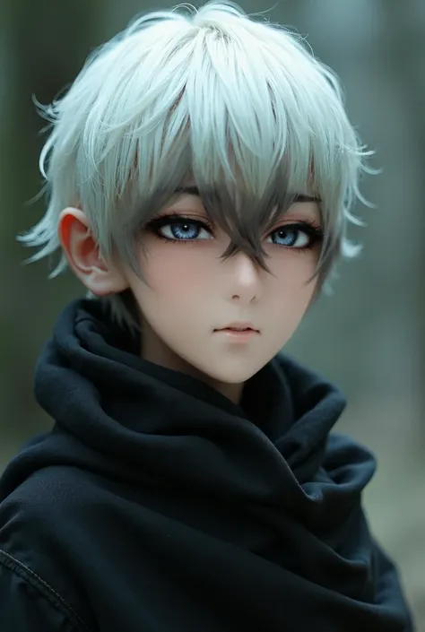  A boy with white hair and red eyes,  your appearance is exactly beautiful , and at the same time , fragile. your skin is fair, To the point of looking translucent . He wears a black overcoat .