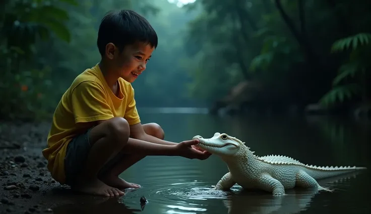 ((ultra-realistic photo)) A  Indonesian boy, wearing a bright yellow t-shirt, crouches near the edge of a river in the heart of a dense jungle at night. He cradles a small, adorable white baby crocodile in his hands, gently holding it close with a mix of w...