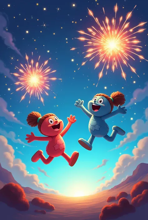 "Cartoon characters representing Stellar and Ripple jumping high together, fireworks in the background