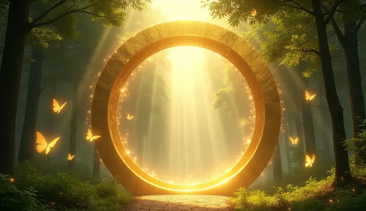  An immense golden arc in the middle of a verdant forest,  with rays of divine light crossing the trees . Luminous butterflies fly around the arc ,  suggesting a magical and spiritual environment .