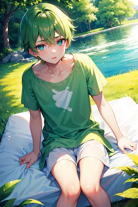 teenage boy in a white tunic and green shorts, (beautiful eyes), (soft+cute), ((best quality)), ((masterpiece))