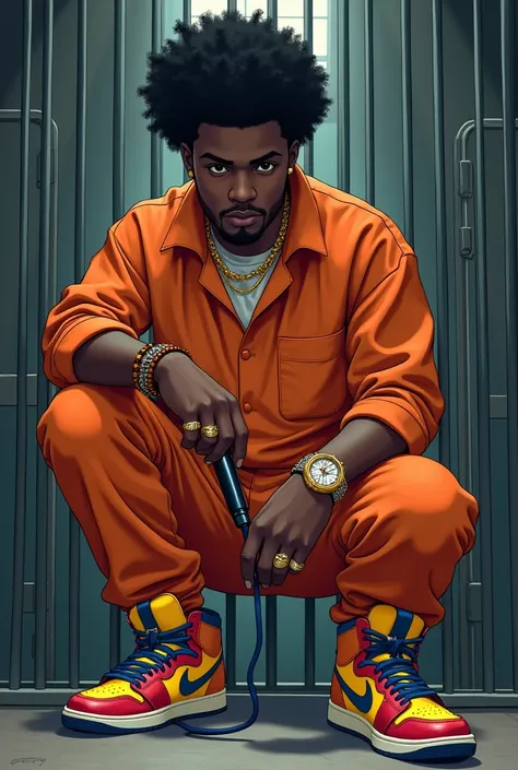 Create a realistic like anime of a black man character with short, afroish curly hair. Behind prison bars wearing a orange jumpsuit. Wearing a colourful Nike high top. With an African bracelet on his right hand. Having a gold, diamond and platinum Watch wh...