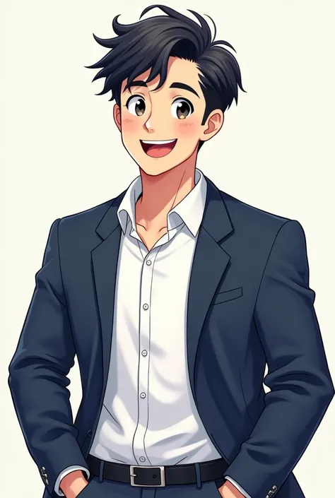 Create a full-body cartoon illustration of a cheerful man with short, slightly tousled dark hair, wearing a navy blazer over a white shirt, smiling confidently. The background should be minimalistic and light to emphasize the character. The illustration sh...