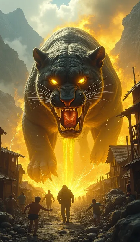 Radioactive mutant jaguar furious with smoke and radioactive yellow liquid attacking mountain villages and creating chaos