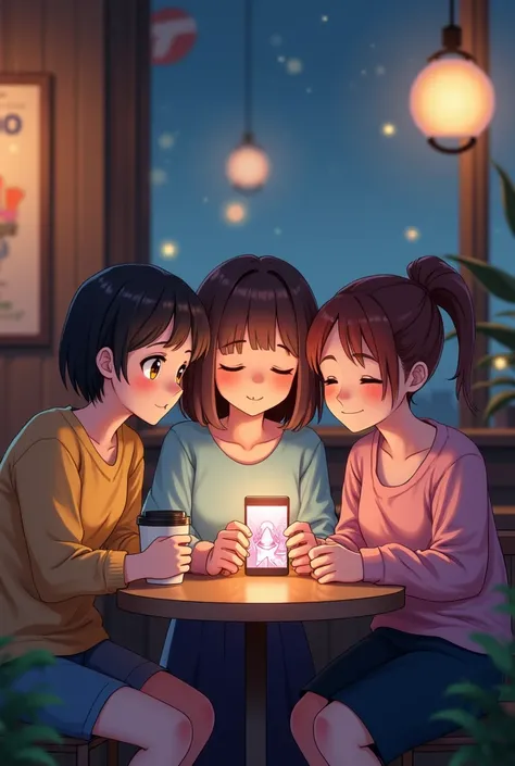 3 friends sitting in a coffee shop watching the anime-like phone