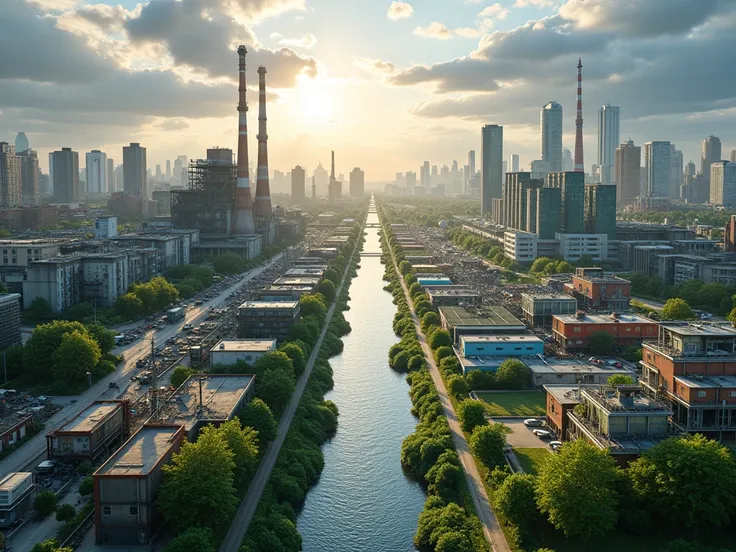 Create a waste-rich city and a circular economy city in half in half in the same image