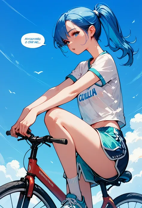 comic, speech bubble, frame, focus line, comic expression, sound effect, (1 girl), sitting on top of bicycle, dolphin shorts, blue hair, ponytail,
