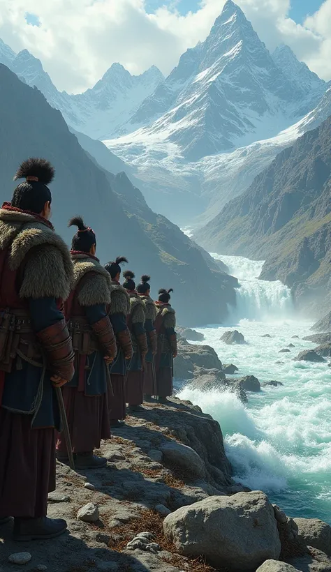 A vast army of Mongol warriors in traditional attire, standing at the edge of a massive, wild river with steep Himalayan mountains in the background, looking determined but hesitant.