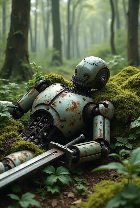 Make a picture of dead robot with sword stabbed through his chest 
Make the place is in the woods
Make the robot covered by rust and some plants covering him