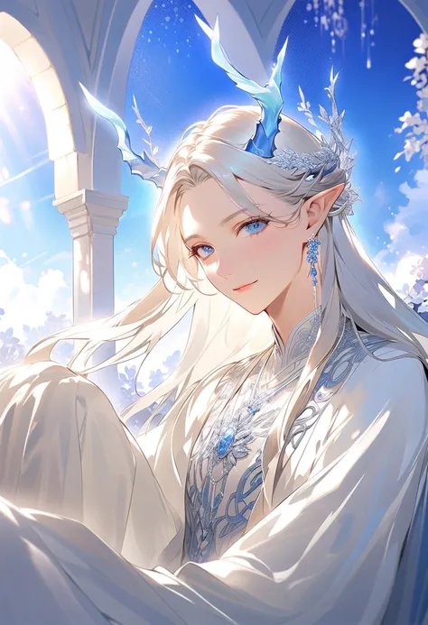 This character is a woman with a magical and graceful aura. He has long, shiny white hair, a unique, slightly transparent blue horn resembling a dragon, and elven ears that emphasize his mystical impression. Her beautiful white dress was decorated with blu...