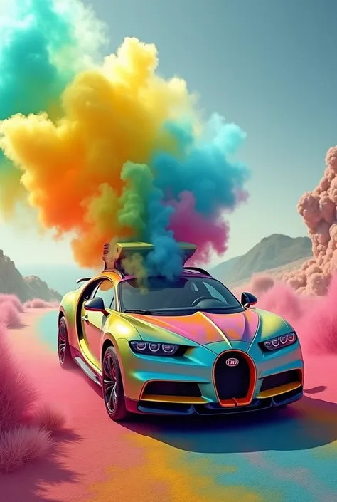  A Fiat Multipla mixed with a Bugatti Chiron in the colors of the rainbow, Who farts with a smile  