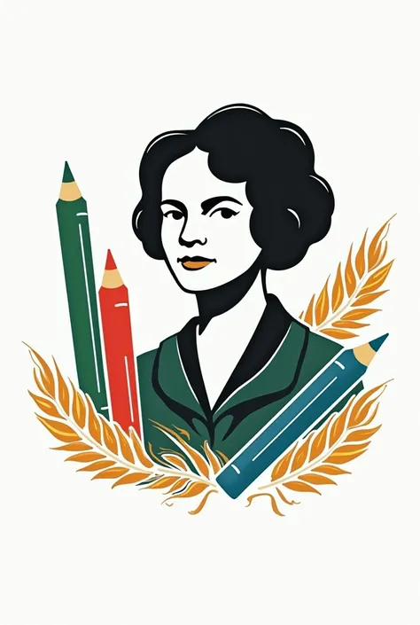 Créé un logo dun collège a champcueil en France avec marqué Olympe de gouges, tu representera lécole en mettant des fourniture et en mettant du blé et met seulement la tête a olympe de gouges simplifier en noir et blanc et avec des couleurs mont vif