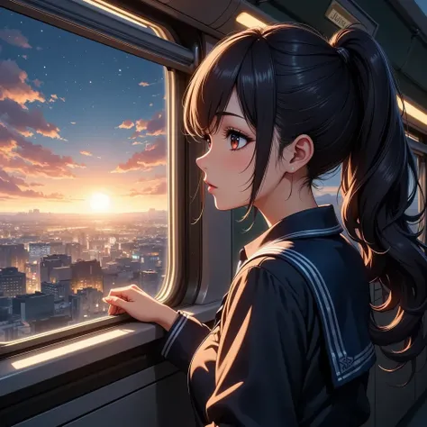 (((Looking out the train window, It&#39;s dark outside:1.1, Distorted space-time, Time Travel Train :1.4))),  Sci-fi ,   digital art  ,  beautiful fine eyes,  beautiful detailed lips,  very detailed eyes and faces,  has long eyelashes,  1 girl,  cinematic ...