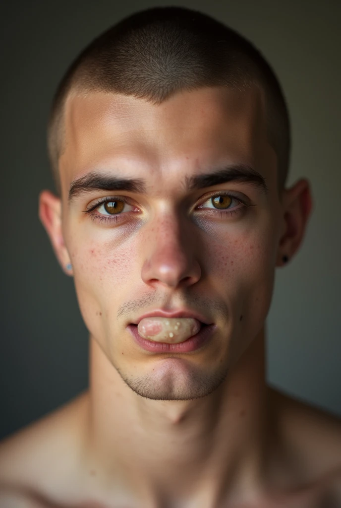  toned 19 y/o white guy with buzzcut and cum on his lips and eye standing and showing his penis.