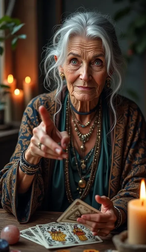 A highly realistic and detailed vertical image of an elderly fortune teller in the foreground. She has an aura of mystery and wisdom, with wrinkled skin, piercing eyes, and a warm yet enigmatic expression. Her hair is silver and tied back loosely, with a f...