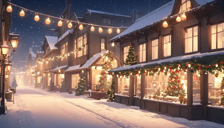 A quiet snowy street at night, lined with vintage-style lamp posts wrapped in garlands and glowing with warm light. The shop windows are decorated with Christmas displays, and a light dusting of snow covers the rooftops and sidewalks, creating a serene hol...