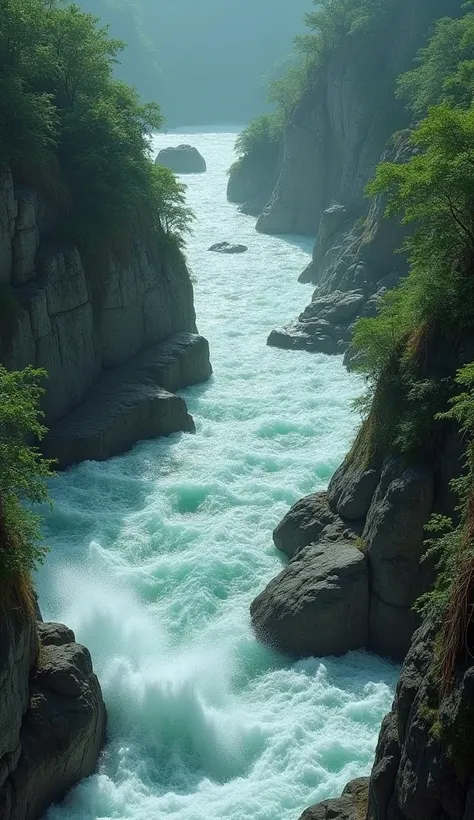 A raging, wide river with strong currents, surrounded by rocky banks and lush vegetation, with a sense of impassable danger.