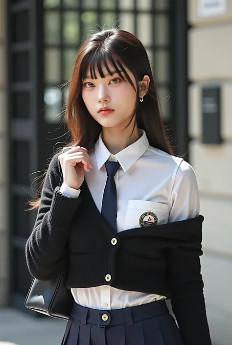 Chinese woman, long hair, collared shirt, black off shoulder loose collar tight sweater with white long sleeve buttoned shirt on the inside, dark blue necktie, dark blue skirt, backpack, School emblem on front pocket, modern school gates, side shot