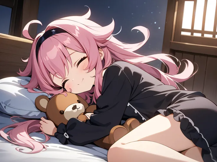 Holding Teddy Bear, sleeping on the bed, smile, cute, pretty,  small girl, black cute pajamas, floating hair, very messy hair, ahoge, pink hair, spiked hair, long hair, black hairband, 1girl, best quality, amazing quality, very aesthetic, highres, incredib...