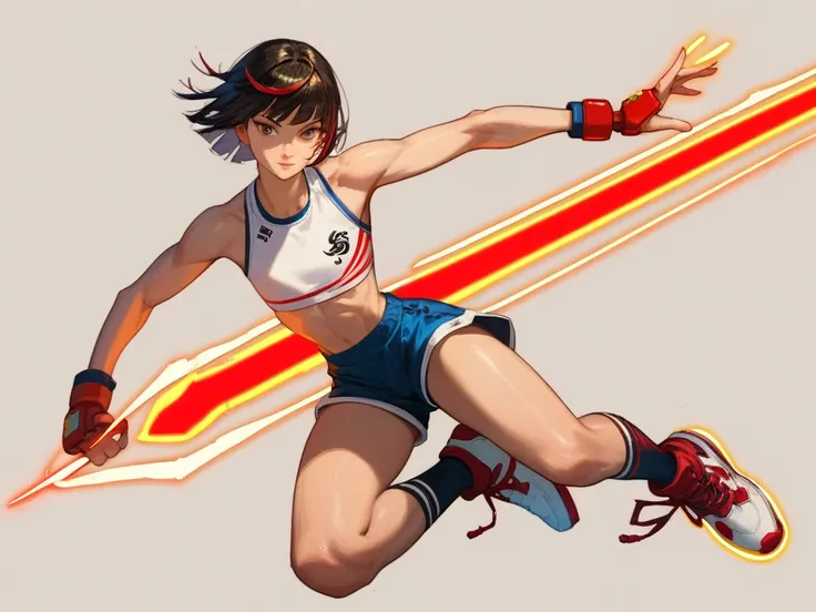  score_9,  score_8_up,  score_7_up,  Anatomically Accurate ,  1 girl, short hair with bangs , ( flat chested), (細身の体) ,  Cropped Tee  , Shorts,   knee-high socks,   sneakers ,,  Kung Fu Poses 、neon glowing blade
