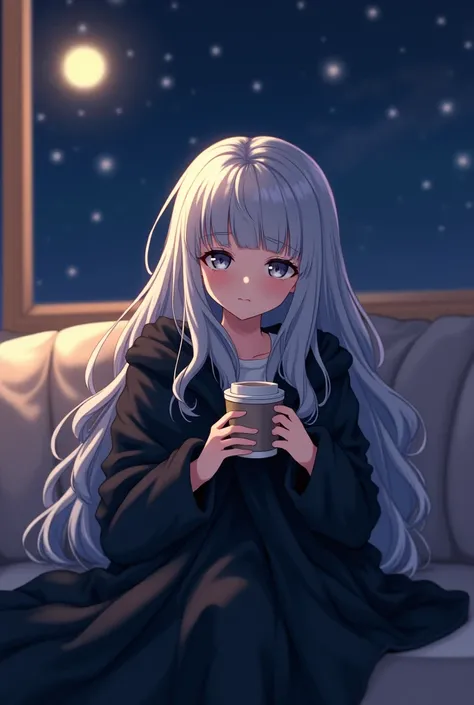 Long white hair、Bangs are blunt、Im wearing a blanket over my head on the sofa 、adult、Black knit、 holding a hot drink in a mug、 The Last Night、Moon and Stars、 eye color is gray and saggy、The atmosphere is like talking in secret 、 smiles、 anime style