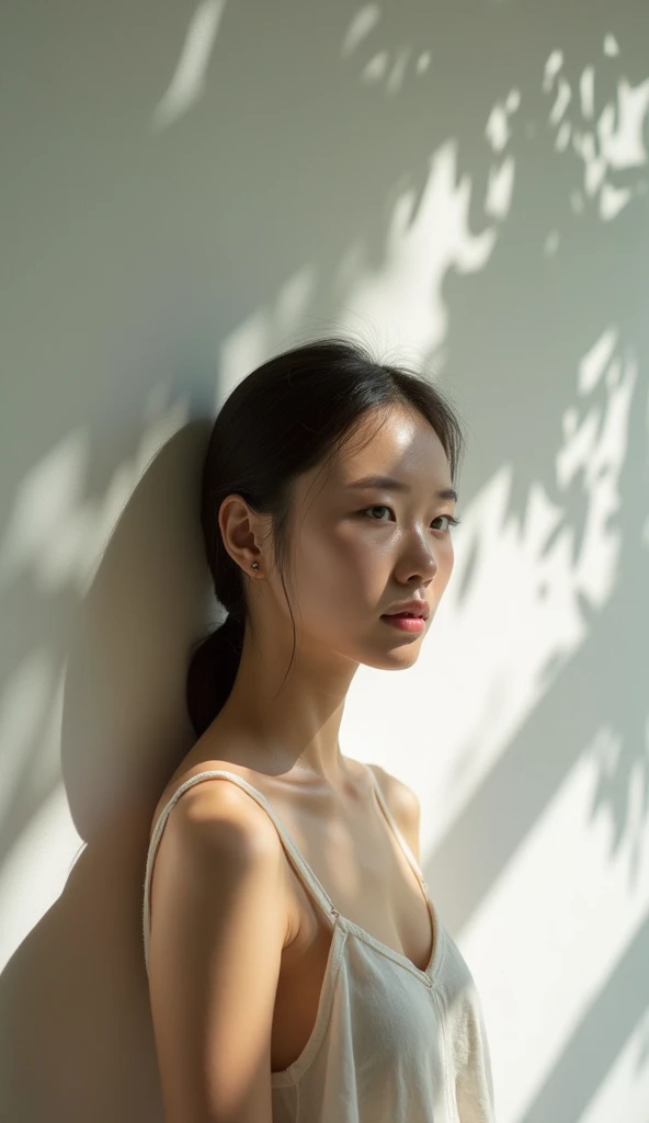 A close-up young thai woman standing gracefully against a white wall, her posture relaxed as dappled sunlight filters through the leaves above, casting soft shadows and patterns across her face and body. She gazes thoughtfully, with a serene expression, as...