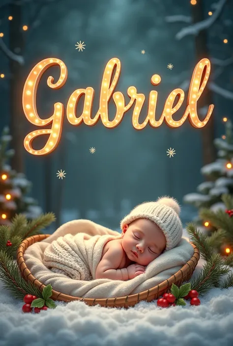 GABRIEL name sign with Christmas background and a baby 