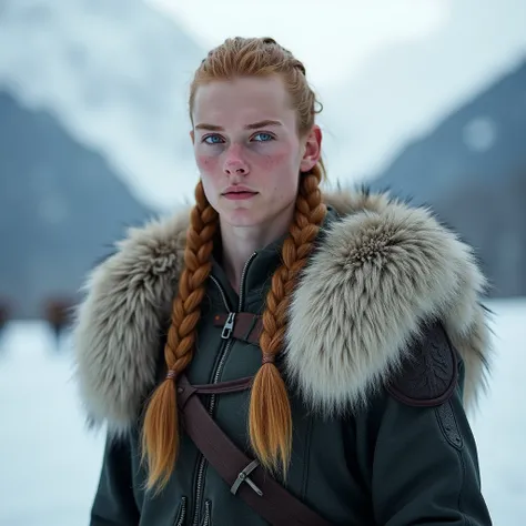 nord линг (nord ) man (fantasy race ) warrior. straight nose with a hump . high cheekbones.  pale skin.  Blonde or red hair ,  braided .  light-colored eyes .  Dressed in fur .  Standing in the snow in the snowy mountains.