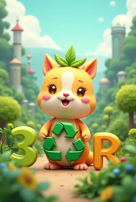 A friendly and cute environmental character with a 3R motif