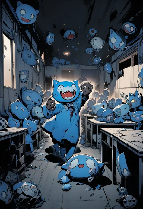 (stuffed blue cat:1.3),crazy smile,toy,(horror,curse,dark:1.2),evening,classroom,dark atmosphere,