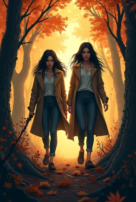 2 women walking through a forest during autumn and are frozen with fear. Outline the images so it is easier to just cut them.  