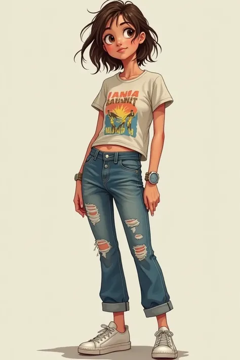  The character is young , between 20 and 30 years old,  with a casual and relaxed style .  She wears a fun graphic t-shirt ,  ripped jeans and white sneakers . has messy hair,  as if she didnt care much to get ,  and a curious expression that varies betwee...