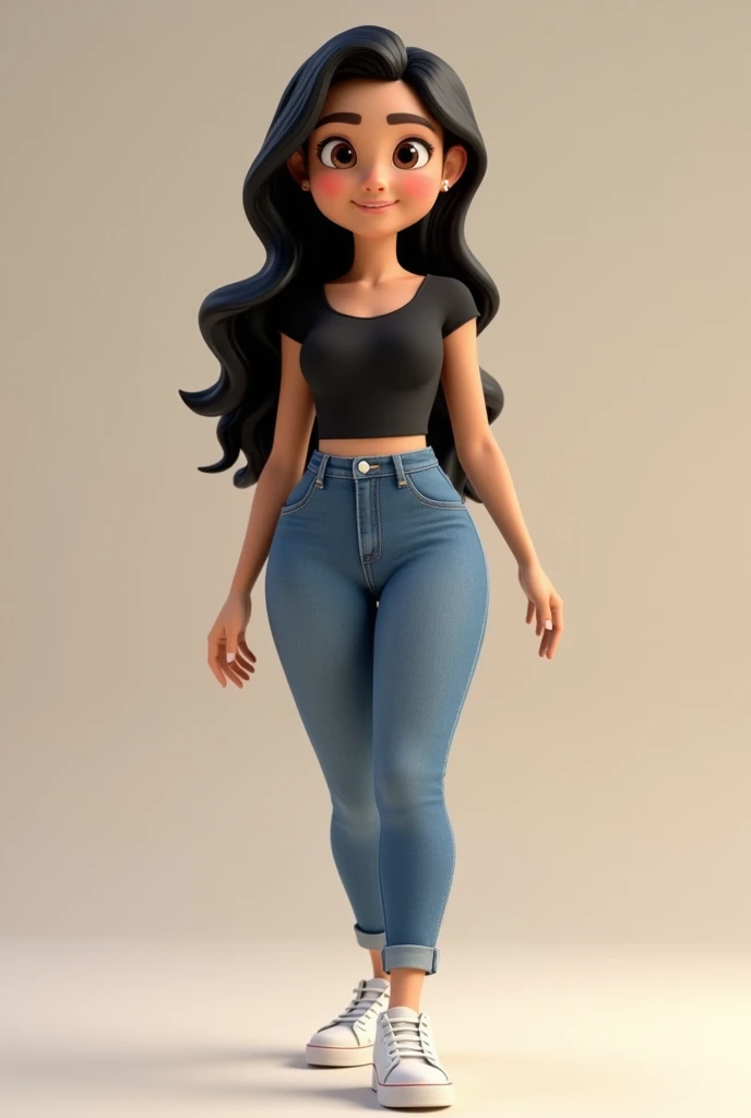 Create animated 3D image of pretty chubby tall woman long black hair brown eyes jeans long blue black blouse short neckline white sneakers 