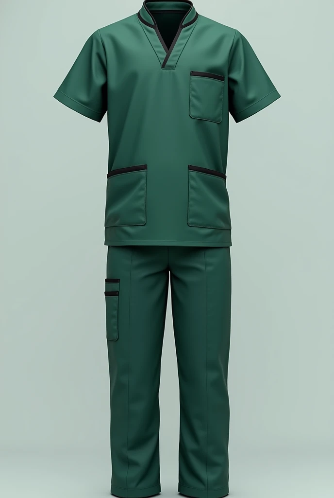 Create an image of a scrub suit with 6 pocket pants
color: medium dark green
collar: Chinese collar - closed neck
Black outlines
1 pocket at right chest (no poclets at the bottom) 
no zipper or buttons
