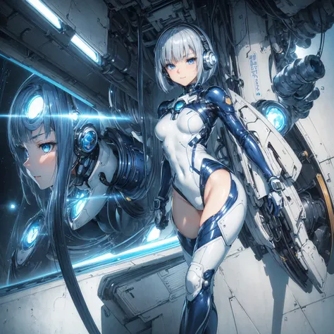 (masterpiece、 best quality、 highest resolution、Clear_image、Detailed details): (Whole body、A 20 year old girl、Japanese Faces、 small face、 slender、 dark blue super short bob cut hair、(Hidden small breasts:1.3)、 Sparkling Blue Eyes 、Shiny pilot suit in white,...