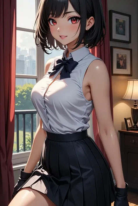 score_9, score_8_up, score_7_up, solo, 1boy, androgynous male, mature, highly detailed, detailed face, in cozy living room, ggtestament, red eyes, eyeliner, puffy lips, ascot, bare shoulders, white sleeveless button up, long black skirt, gloves, black hair...