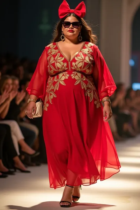 "A stylish overweight  in a red dress with gold embroidery, walking confidently, carrying sunglasses, a red hair bow and a small handbag. The setting is blurry, emphasizing the s fashionable look as That show on the runway or in fashion, the audience behin...