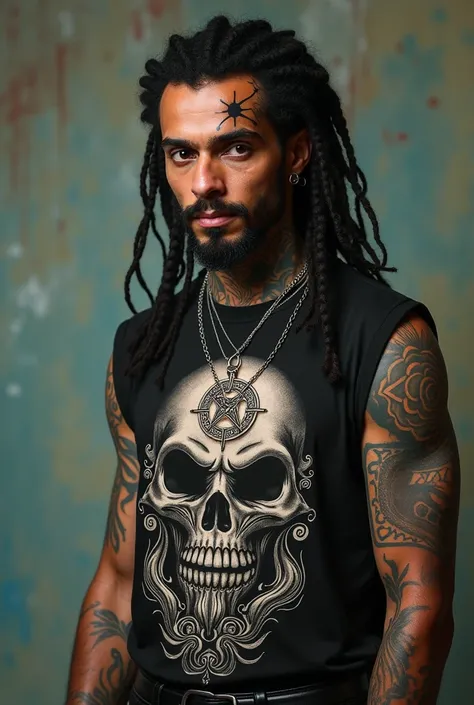 Brazilian man.
pele mulata.
 braided hair .
 Pentagram invested in his forehead.
 Cross invested on the left cheek , Below the eye .
 Sleeveless t-shirt with a skull design.
 black leather pants .
Black leather espadrilles .
 Japanese ogre body tattoos .
u...